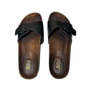 WTW Women Black Leather Buckle Slide Sandals Cork Footbed Size 8 Leather
